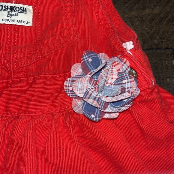 Oshkosh Bgosh Skirtall Girls Size 18m Red Corduroy Flower Tulle Overalls Dress - Picture 6 of 6
